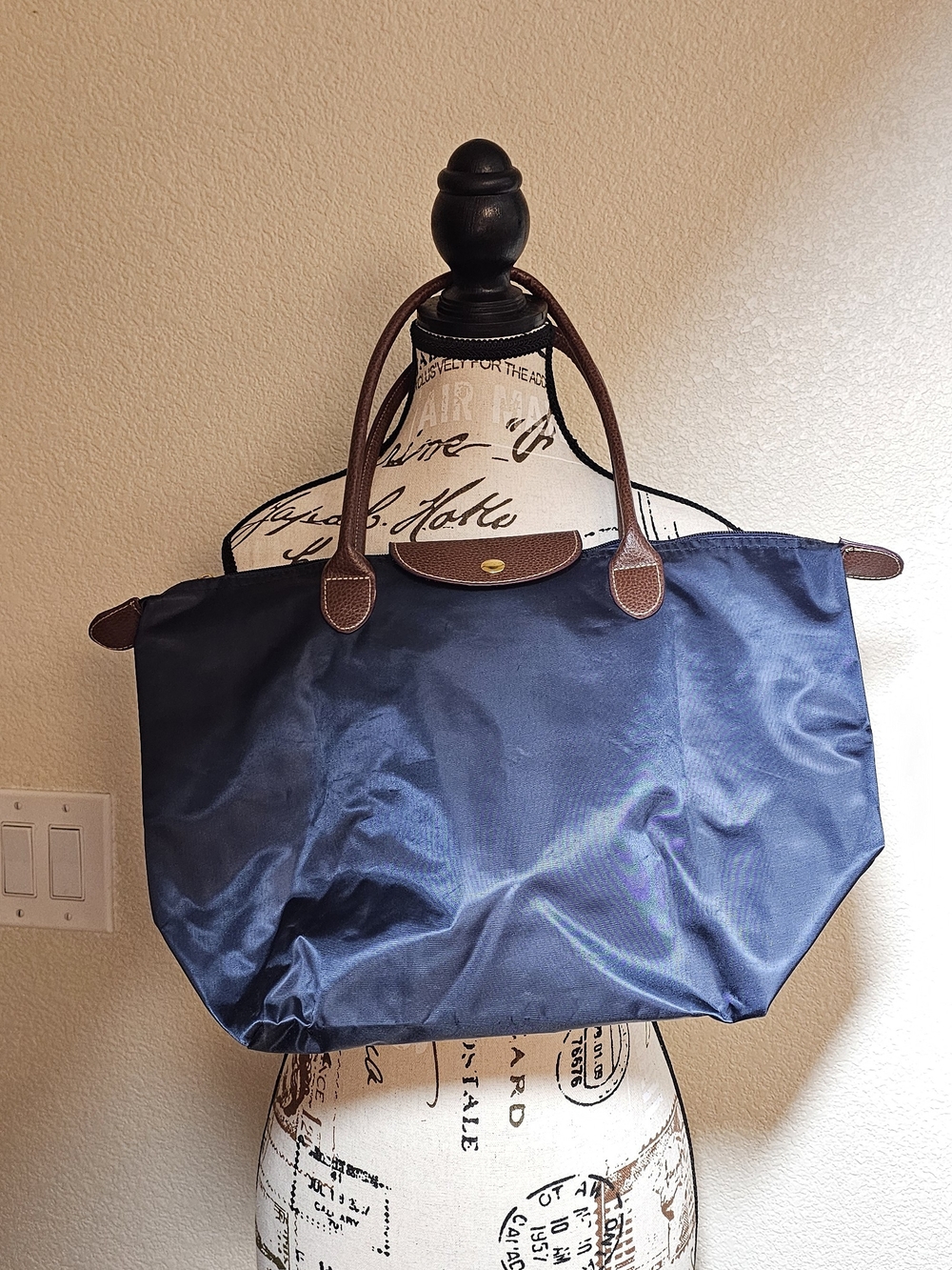 Large Navy Nylon Tote - Brown Trim